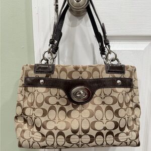 Coach Brown and Cream Signature Shoulder Bag